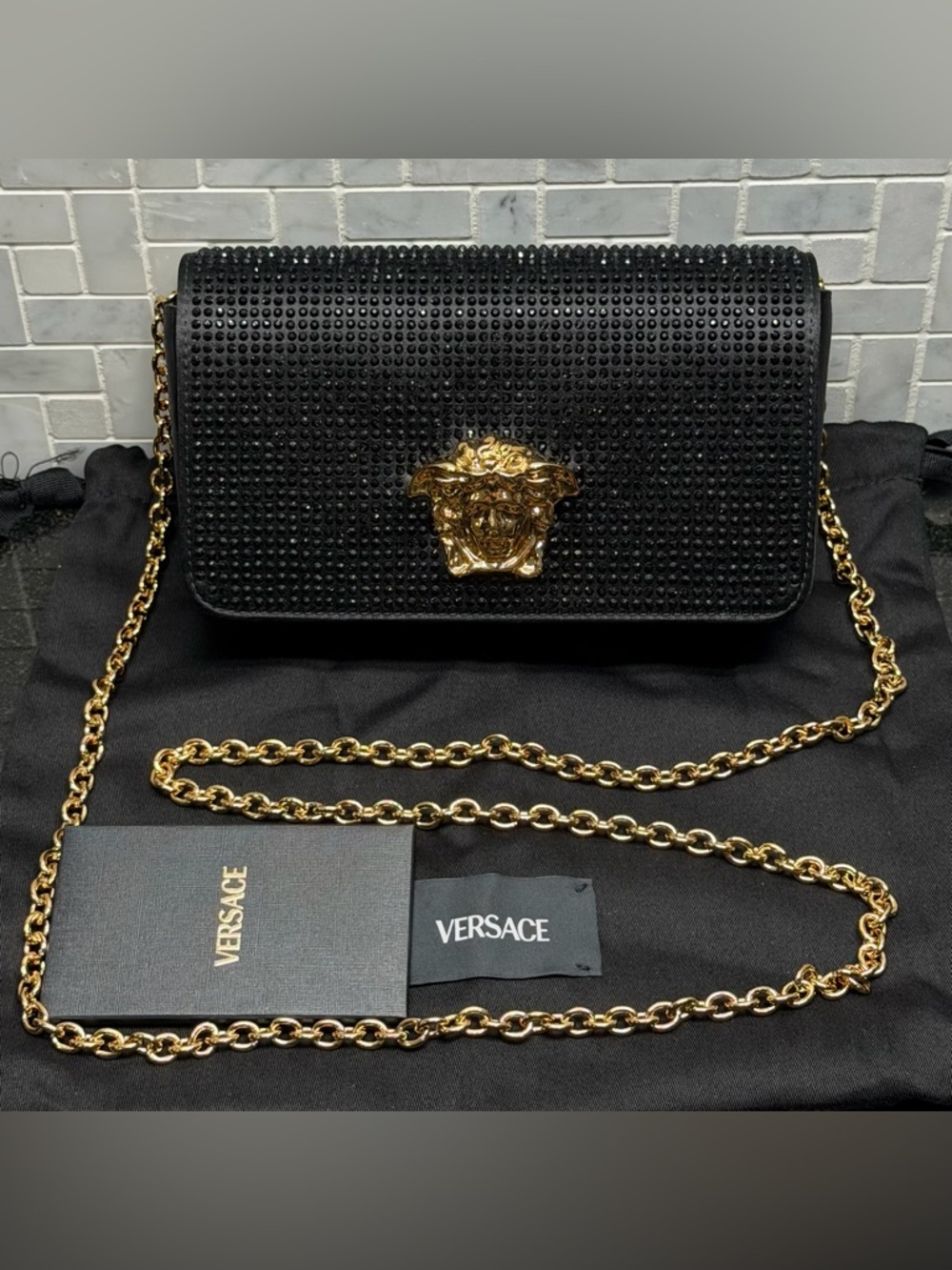 Versace Medusa Crystal Shoulder Bag Black Gold Chain Classic New